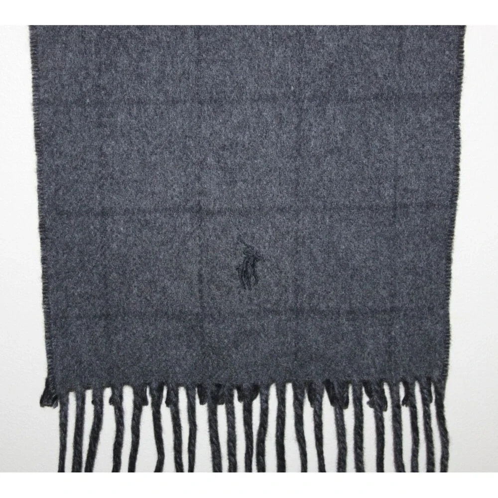Polo Ralph Lauren Made Italy Men Women Scarf Black Gray Plaid Reversible Vintage